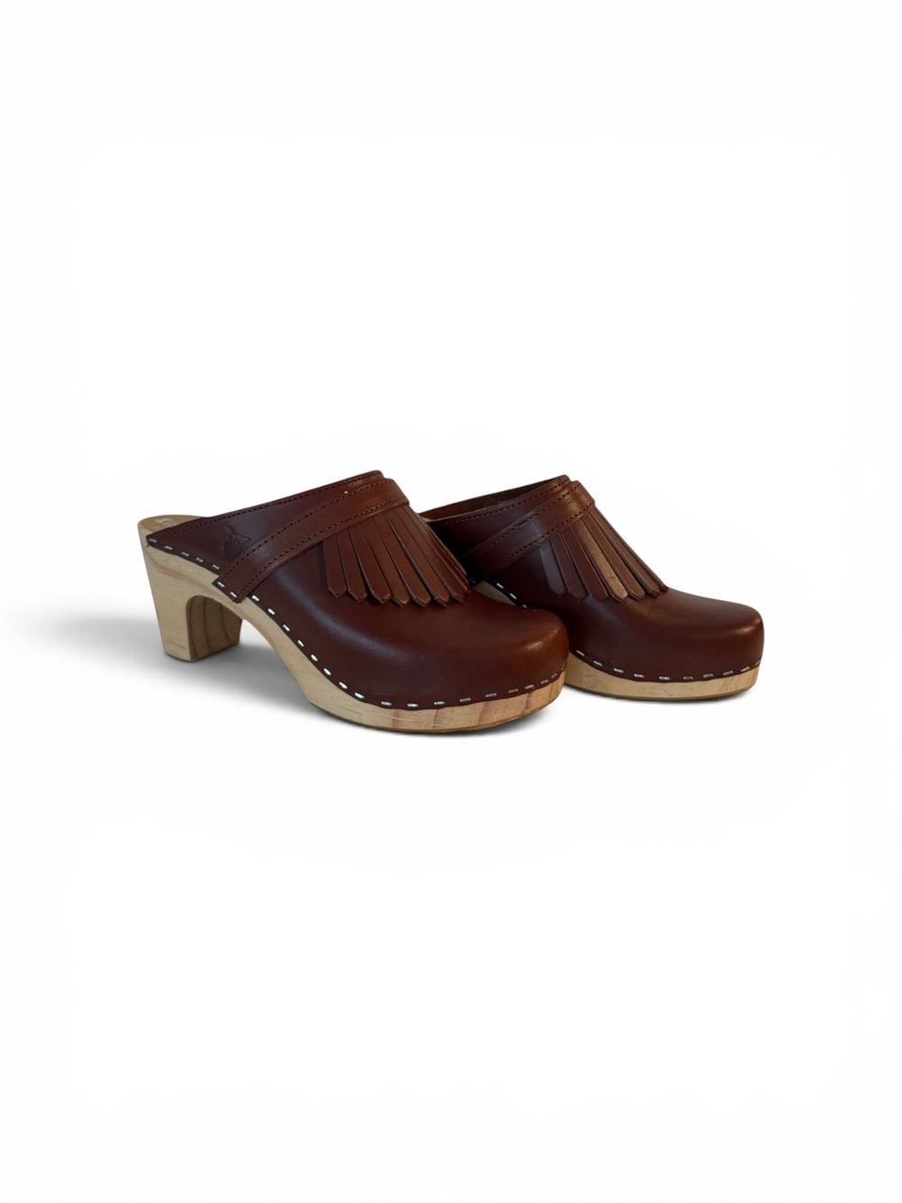 Women's Brown Leather Fringe Clogs with Wood Heel